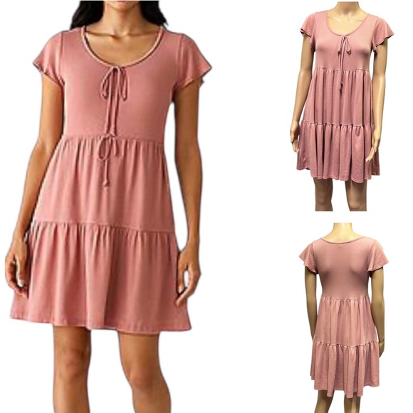 See You Monday Dusty Pink Tiered Rayon Blend Short Sleeve Mini Dress Womens M - Picture 1 of 11
